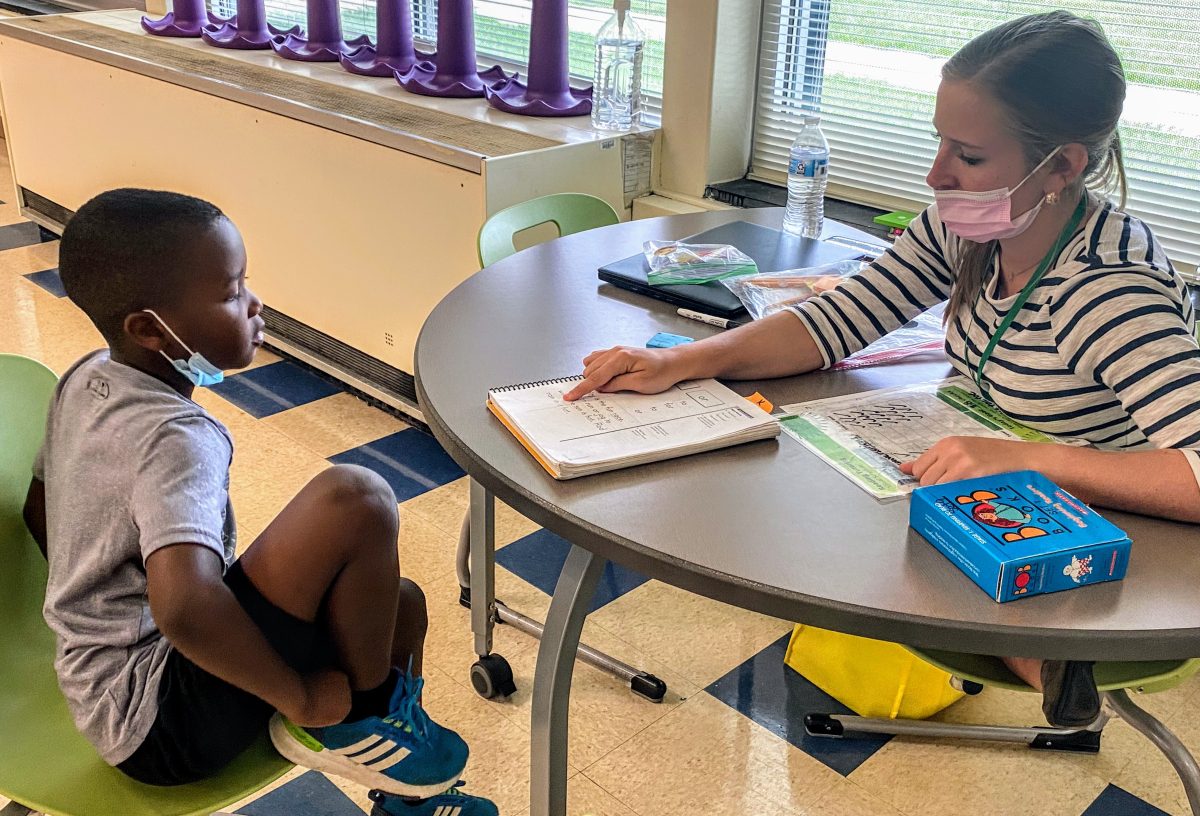 Teacher reading with student